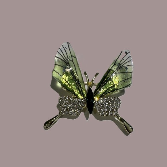 Gold-Tone Butterfly Brooch Pin w/ Rhinestones & Translucent Green Wings - New - Picture 2 of 4